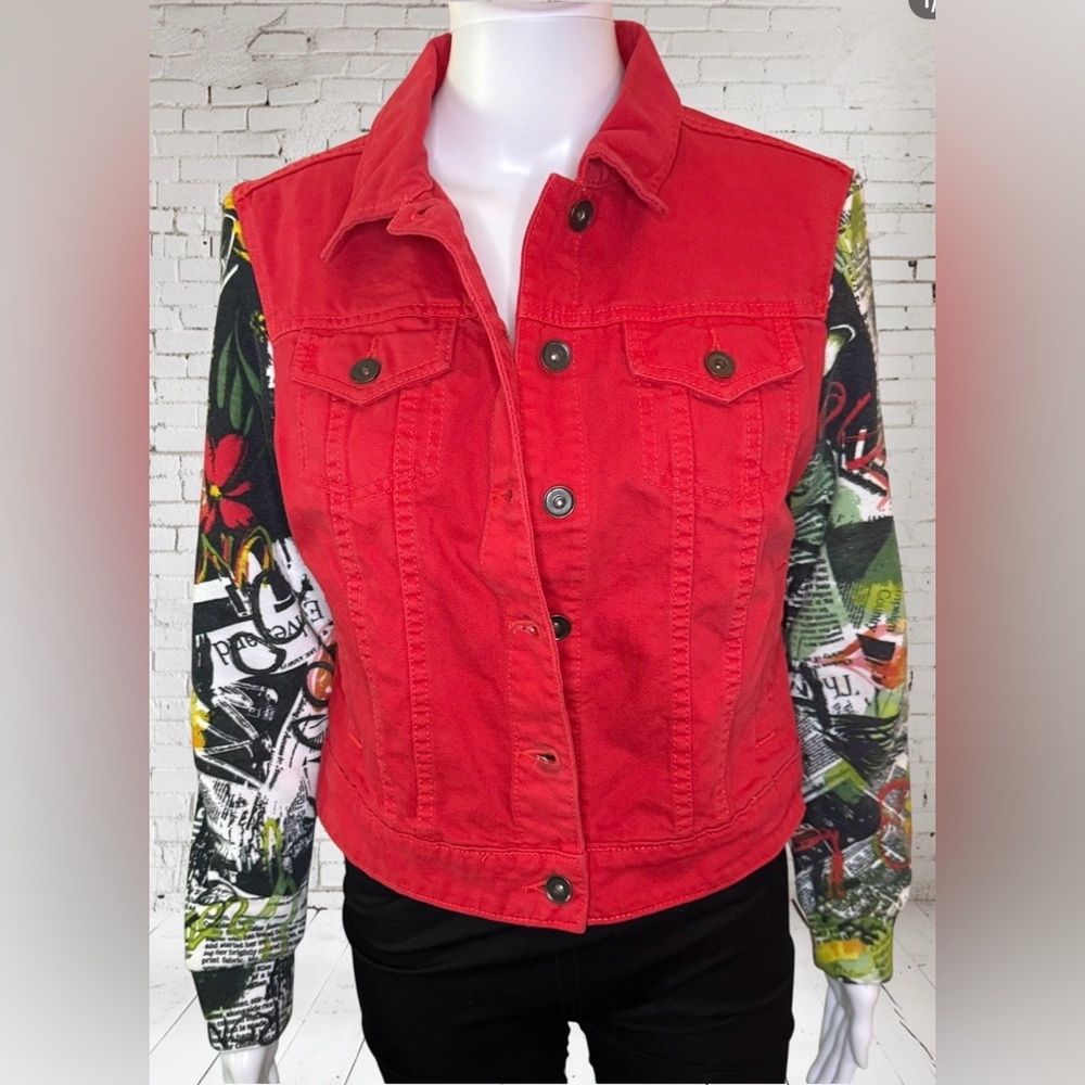 UPCYCLED one of a kind red denim jacket w/ graffiti sleeves Size Med
ONE OF ONE